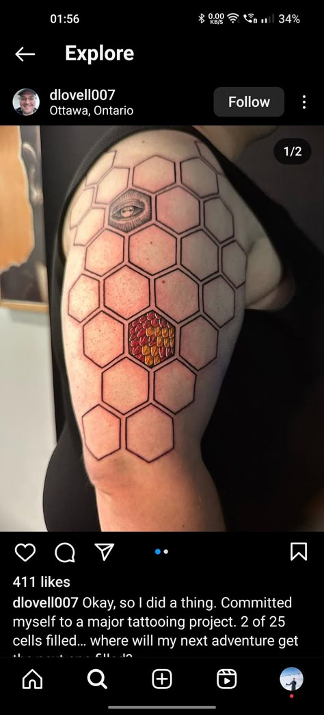 Hex Tattoo Design, Honeycomb Pattern Tattoo, Honey Comb Tattoo Designs, Hexagon Tattoo Sleeve, Hexagon Sleeve Tattoo, Honeycomb Tattoo Stencil, Octagon Tattoo, Hexagon Tattoo Design, Honeycomb Tattoo Sleeve