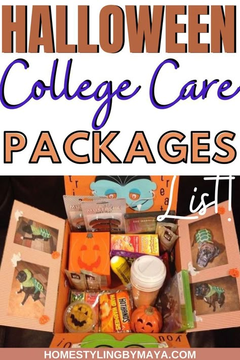 Halloween Care Packages For College Kids, October Care Package College, Monthly College Care Package Ideas, Halloween College Care Package Ideas, Fall College Care Package Ideas, College Care Packages For Daughter, Fall Care Package Ideas For College, College Box Care Packages, College Care Package Ideas For Freshman