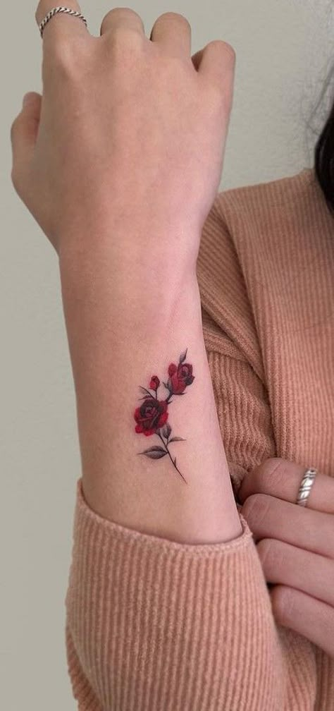 Minimalist Rose Tattoo, Coloured Rose Tattoo, Colorful Rose Tattoos, Miniature Tattoos, Tattoos On Wrist, Yellow Rose Tattoos, Rose Hand Tattoo, Petit Tattoo, Rose Tattoos For Women