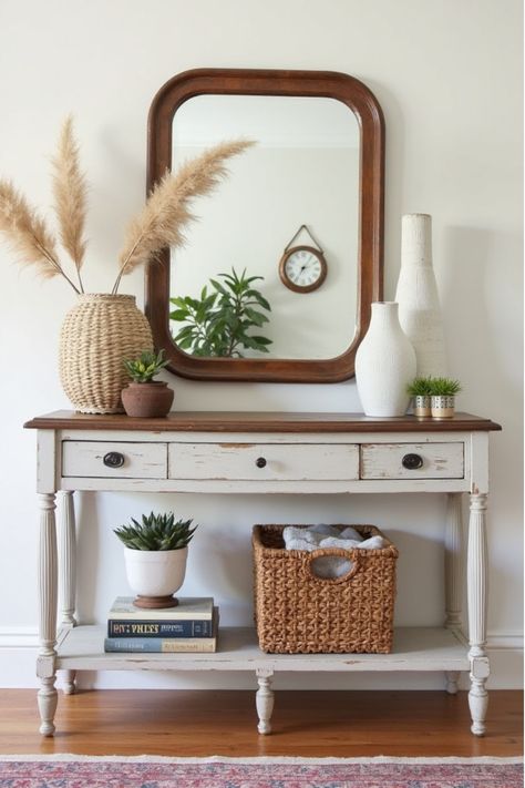 Inviting apartment entryway with restored console table and vintage mirror Hallway Stand Decor, Entryway Table And Mirror, Modern Console Table Decor, Stylish Apartment Decor, Hallway Stand, Apartment Decor On A Budget, Vintage Apartment Decor, Creative Lighting Ideas, Table And Mirror