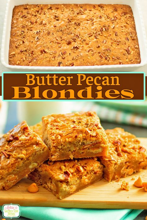 Enjoy these buttery homemade Butter Pecan Blondies with a cup of coffee, hot tea or glass of milk. #blondies #butterpecanblondies #bestblondiesrecipe #pecanbars #cookiebars #southerndesserts #southernrecipes via @melissasssk Pecan Blondies, Butter Pecan Blondies, Brown Butter Pecan Blondies, Caramel Pecan Blondies, Browned Butter Blondies, Brown Butter Pumpkin Blondies, Pecan Blondies Recipe, Best Blondies Recipe, Cookie Bars Easy