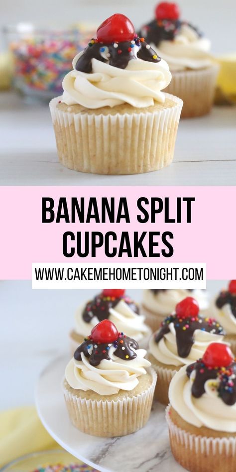 Banana Split Cupcakes taste just like a banana split sundae. Moist banana cupcakes swirled with vanilla buttercream, drizzled with chocolate ganache, and topped with rainbow sprinkles and a cherry. Cupcake Cake Frosting, Unique Chocolate Cupcake Flavors, Cupcake Recipes Yellow Cake, Neopolitan Cupcakes Recipe, August Cupcake Ideas, Dessert Cupcakes Recipes, Summer Cupcakes Ideas For Kids, Baking Recipes Desserts Cupcakes, Cool Cupcake Recipes