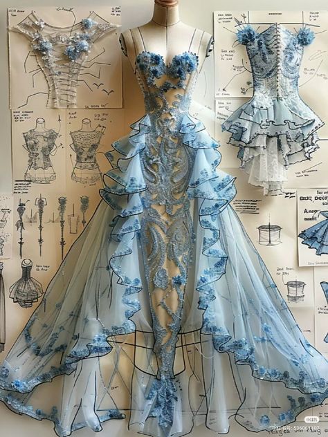 Fairytale Dress Aesthetic, Butterfly Princess Dress, Two In One Dress, Ocean Dress, Element Dress, Fairytale Fashion, Fashion Drawing Dresses, Sketches Dresses, Dress Design Sketches