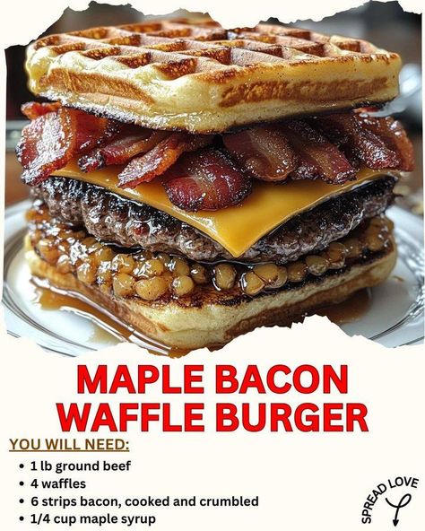 The Ultimate Maple Bacon Waffle Burger 🍔🧇 Who says burgers need buns? Meet the Maple Bacon Waffle Burger—a delicious twist combining crispy waffles, smoky bacon, juicy beef, and sweet maple syrup. This mouthwatering sweet-and-savory fusion is perfect for brunch or an indulgent meal! Ingredients: 2 large waffles (homemade or store-bought) 1 lb ground beef (2 patties) 4 slices crispy bacon 2 slices cheddar cheese 2 tbsp maple syrup 1 tbsp butter (for greasing) Salt & pepper (to taste) Optiona... Waffle Burger Recipes, Breakfast Burger Ideas, Waffle Dessert Ideas, Waffle Burgers, Maple Waffles, Waffle Burger, Waffles Homemade, Savory Waffle Recipe, Crispy Waffles