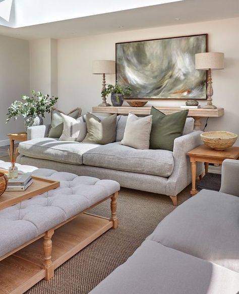 Natural Grey Living Room, Grey And Oatmeal Living Room, Ivory Green Living Room, Cream And Sage Living Room Ideas, Sage Neutral Living Room, Light Tone Living Room, Lounge With Wooden Floor, Neutral With Green Living Room, Living Room Green Palette