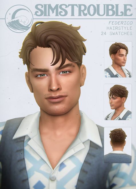 FEDERICO by simstrouble | simstrouble on Patreon Simstrouble Male Hair, Sims 4 Simstrouble Hair, Simstrouble Hair Cc, Simstrouble Patreon, Sims 4 Hair Male, Cc Hair, Pelo Sims, The Sims 4 Packs, Sims 4 Mm Cc