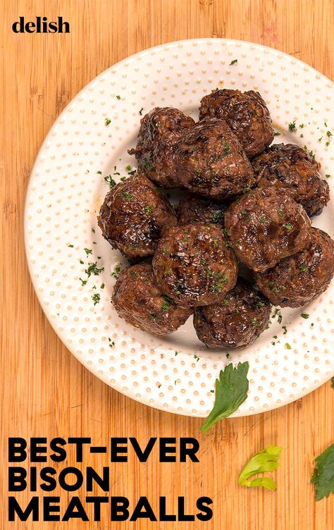 These meatballs will make you question why you don't cook bison more often. #ground #baked #easy #recipe Bison Meatball Recipes, Ground Bison Recipes, Bison Meatballs, Succotash Recipe, Delicata Squash Recipe, Bison Recipes, Ground Bison, Bison Meat, Green Tomato Recipes