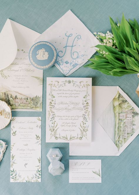 Born on St. Patrick’s Day, It Was Fate That Madeline Hendryx Hemingway Marry an Irishman at Ballynahinch Castle Chinoiserie Wedding Invitation, Chinoiserie Invitation, Coastal Wedding Invitations, Wedding Flat Lay, Chinoiserie Wedding, Charleston Bride, Bridal Prep, Island Blue, Kiawah Island