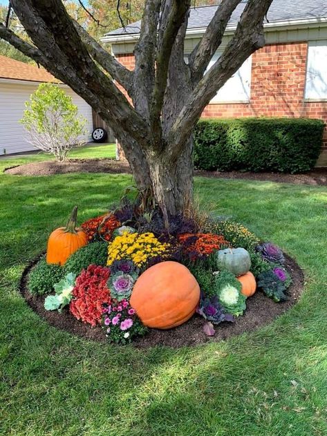 16 Fall Decor Ideas for the Garden » Lady Decluttered Fall Flower Porch Ideas, Front Yard Autumn Decor, Fall Front Flower Bed Ideas, Front Patio Fall Decor Ideas, Fall Displays Outdoor Front Yard, Front Yard Landscaping Fall, Fall Landscape Ideas Front Yards, Front Yard Pumpkin Display, Decorating With Pumpkins Outdoor