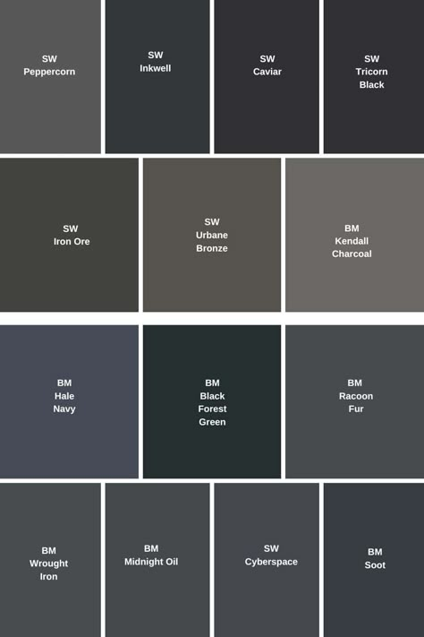 14 Best Dark and Moody Benjamin Moore & Sherwin Williams Paint Colors - West Magnolia Charm Sherwin Williams Goth Aesthetic, Wool Sherwin Williams, Dark Paint Guest Bathroom, Sherwin Williams Dark Grey Paint Colors, Benjamin Moore Tweed Coat, Benjamin Moore Dark Exterior Paint, Midnight Benjamin Moore Paint, Peppercorn Benjamin Moore, Dark Benjamin Moore Paint Colors