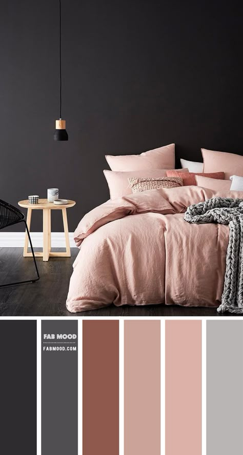 This bedroom mixes a romantic feel. The gorgeous color palette of charcoal and mauve pink — Here, it shows off its feminine side of... Mauve Bedroom, Charcoal Bedroom, Beautiful Bedroom Colors, Wedding Color Palettes, Themes Wedding, Bedroom Colour Palette, Colors Wedding, Bedroom Color, Bedroom Color Schemes