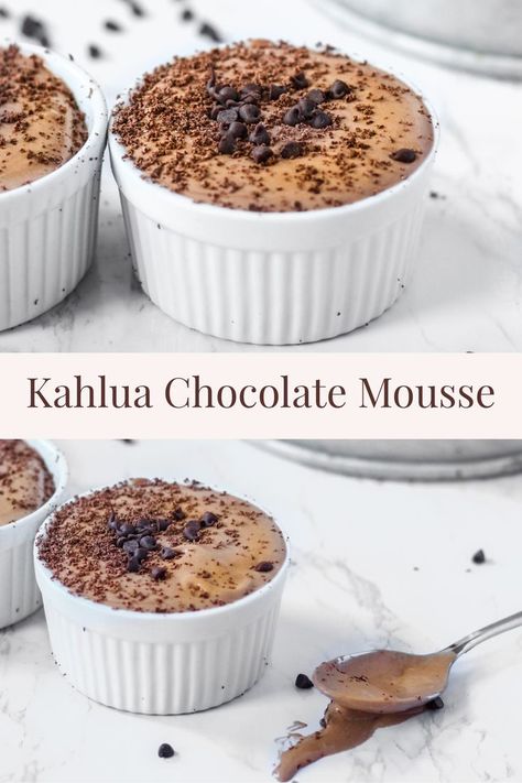 Chocolate mousse with Kahlua is a light and creamy chocolate mousse recipe. The Kahlua adds a mild coffee flavor, and the orange juice adds a tang that cuts through the cream so this mousse recipe isn't too heavy. The OJ doesn't add any orange flavor, it's acidity just balances the cream. This chocolate mousse is rich without being too heavy. The Kahlua and OJ means this isn't you're average chocolate mousse! Once you have this you'll never want a typical chocolate mousse again! Kahlua Mousse Recipes, Whipped Mousse, Pudding Mousse, Mousse Desserts, Kahlua Recipes, Chocolate Mousse Desserts, Boozy Treats, Baking Secrets, Family Desserts