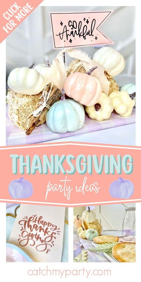 Don't miss this pretty pastel Thanksgiving! The party decorations are wonderful! See more party ideas and share yours at CatchMyParty.com Thanksgiving Birthday Party Ideas, Pastel Thanksgiving, Thanksgiving Birthday Party, Thanksgiving Birthday Parties, Donut Party Favors, Thanksgiving Kids Table, Pastel Gingham, Pumpkin Centerpiece, Thanksgiving Inspiration