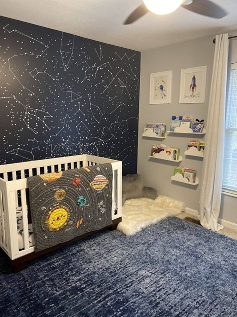 You need just 3 items to draw your own night sky mural: Sharpie Paint Pens, a clear ruler, and an inexpensive projector. Items To Draw, Night Sky Mural, Mural Tutorial, Sky Mural, Clear Ruler, Sharpie Paint Pens, Hand Painted Wallpaper, Mural Design, The Night Sky