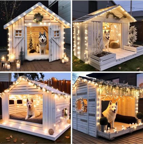 Cute Diy Dog House, Nice Dog Houses Outside, Dog House Interior Ideas, Indoor Dog House Diy Ideas, Outside Dog House Ideas, Dog And Cat House Combo Outdoor, Big Dog House Outdoor Ideas, Backyard Area For Dogs, Dog House With Pool