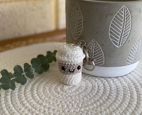 Cup Crochet Pattern, Coffee Cup Keychain, Cup Crochet, Cup Keychain, Kawaii Coffee, Cup Cozy Pattern, Crochet Coffee, Crochet Cup Cozy, Penguin Pattern