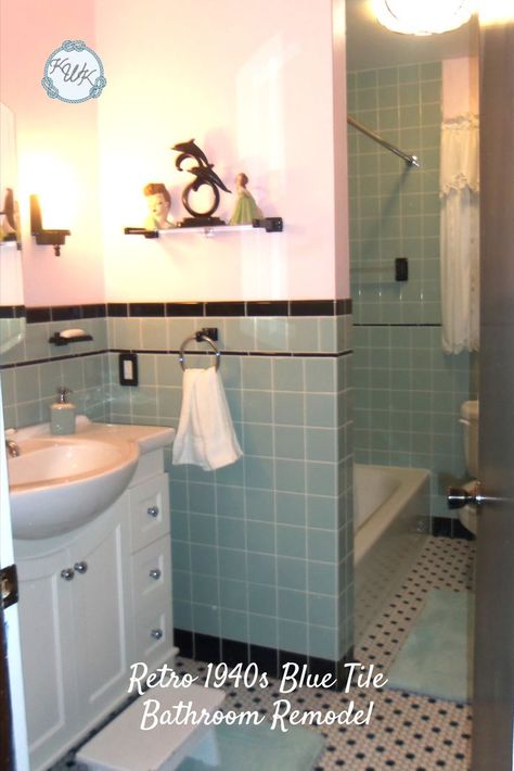 Here is my retro, 1940s, blue and black tile bathroom renovation using Daltile 4 by 4 tiles, Rejuvenation.com porcelain fixtures, salvaged items, a traditional hexagonal tile floor, and a few home improvement store components. (My home was built in 1975, and the bathroom was originally olive green with arabesque floor tiles.) 1940 Bathroom, Black Tile Bathroom, Retro Blue Bathroom, Blue Tile Bathroom, 1940s Bathroom, Black Ceramic Tile, Tile Bathroom Remodel, Black Tile Bathrooms, Black Ceramic Tiles