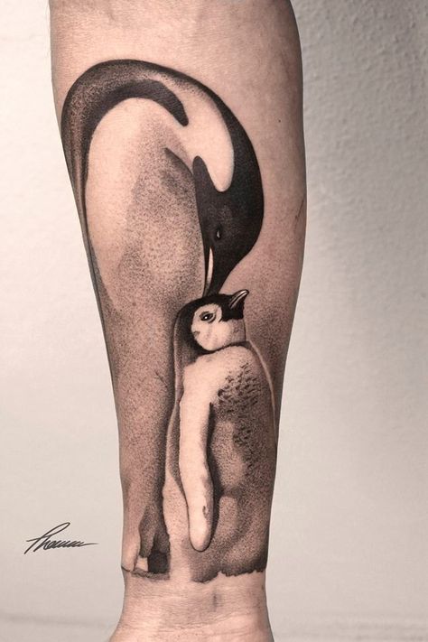 Father And Son Tattoo, Penguin Tattoos, Ice Tattoo, Tattoo Ideas Placement, Father Son Tattoo, Geometric Lion Tattoo, Mum Tattoo, Penguin Tattoo, Nature Tattoo Sleeve