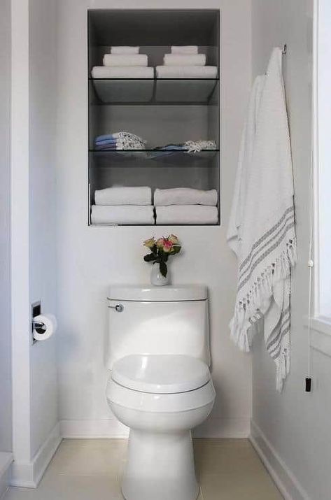 It’s easy for a bathroom to become disorganized, with all your products and bathroom supplies. You feel like you can’t decorate, and counters always e... | Maximize Space With Recessed Shelves #BathroomShelfIdeas #BathroomShelf #Bathroom #BathroomShelves #DecoratedLife Over Toilet Storage, Recessed Shelves, Shelves Over Toilet, Bathroom Shelves Over Toilet, Bathroom Shelf Decor, Cozy Bathroom, Over Toilet, Room Shelves, Small Bathroom Storage