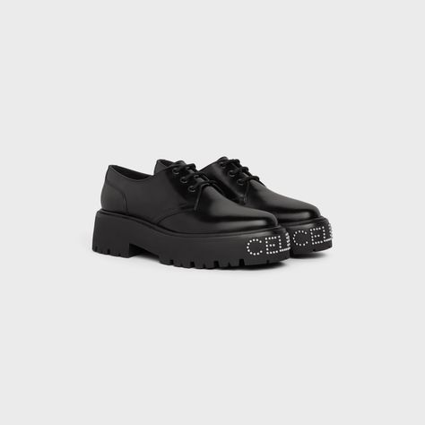 CELINE BULKY DERBY WITH STUDDED OUTSOLE in POLISHED BULL - Black | CELINE Designer Sneakers Women, Celine Shoes, Soft Leather Boots, Flats For Women, Handbags Leather, Closet Organizer, Womens Summer Shoes, Airport Fashion, Sneakers Women