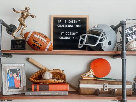 Tv Sports Room, Boys Sports Room, Vintage Baseball Decor, Baseball Basement, Football Themed Room, Vintage Sports Nursery, Vintage Sports Decor, Sports Room Boys, Boy Sports Bedroom