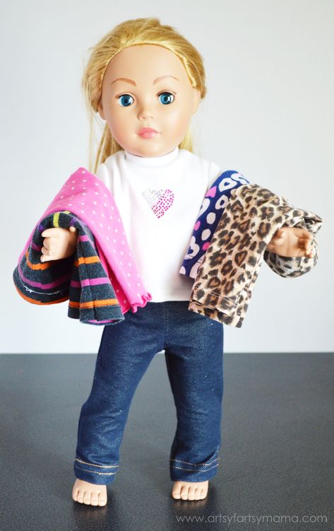 Easy 18 Inch Doll Leggings Tutorial | artsy-fartsy mama Doll Leggings, Diy Leggings, Cheesy Potato, Wrapped Chicken, American Girl Patterns, American Girl Doll Crafts, Girl Leggings, Doll Clothes Patterns Free, American Girl Doll Patterns