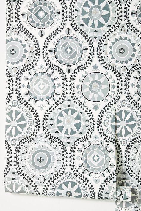 Wallpaper Anthropologie, Blue Bathroom, Bathroom Wallpaper, Room Wallpaper, Bathroom Makeover, Small Bathroom, Bathrooms Remodel, Accent Wall, Wall Coverings