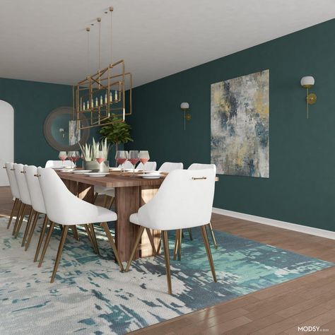 Green Dining With Drama | Industrial-Style Dining Room Design Ideas Green Dining Room Walls, Rug Design Ideas, Turquoise Dining Room, Dining Room Teal, Dining Room Wall Color, Green Wall Color, Dining Room Design Ideas, Dining Room Paint Colors, Green Dining Room