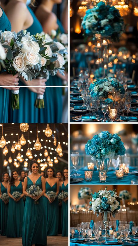 Elegant teal wedding decor featuring teal bridesmaid dresses, table settings, and floral arrangements for a stunning celebration. Teal Wedding Dresses Bridesmaid, Teal And Burlap Wedding, Teal And Blue Wedding Colors, Blush And Teal Wedding, Teal And Gold Bridesmaid Dresses, Teal Reception Decor, Best Wedding Themes Color Schemes, Teal And Light Blue Wedding, Teal Black Gold Wedding Decorations