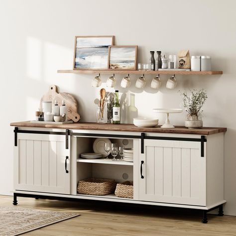 PRICES MAY VARY. 【Versatile Buffet Cabinet】Dimension:65"×15.7"×25.6"(L×W×H). The coffee bar cabinet features 6 cubicles to offer ample storage space. It is prefect for your living room as a TV stand for 70 inch tv, in your bedroom as a storage cabinet, or as a coffee station organizer in your kitchen or dining room. 【Sliding Barn Door & Adjustable Shelf】The sliding barn door closes off either side of the coffee bar table to incorporate both open and closed storage space. Additionally, three stor White Buffet Cabinet, Coffee Bar Table, Buffet Cabinets, White Sideboard Buffet, Farmhouse Coffee Bar, White Buffet, Accent Storage Cabinet, Wood Storage Cabinets, Storage Cabinet Shelves