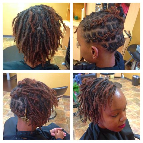 First style: Short starter/baby loc style Starter Loc Updo, Starter Loc Updo Styles Short, Locs Updo Styles, Loc Updo Styles Short, Loc Updo Styles, Starter Locs Styles, Short Dread Styles, Locs Inspiration, Short Loc Styles