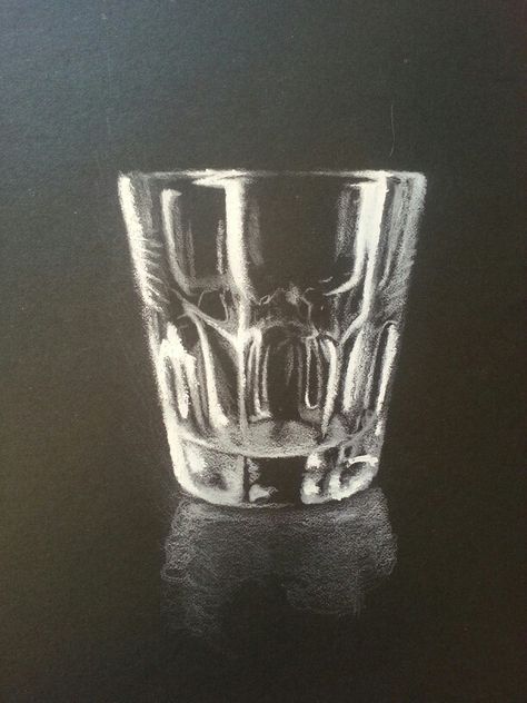 Glass Drawing Black Paper, Charcoal Glass Drawing, Glass Drawing On Black Paper, White Pastel On Black Paper, Sketch In Black Paper, Drawing With White Pencil On Black Paper, Black White Sketches Drawing, White Art On Black Paper, White Chalk On Black Paper