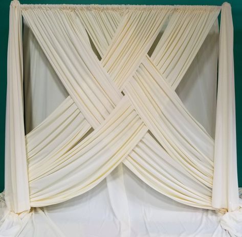 Drape Backdrop Ideas, Criss Cross Curtains, Swag Backgrounds, Draped Backdrop, Conference Decor, Ceremony Backdrop Indoor, Hoop Backdrop, Sage Green Curtains, Backdrop Inspiration