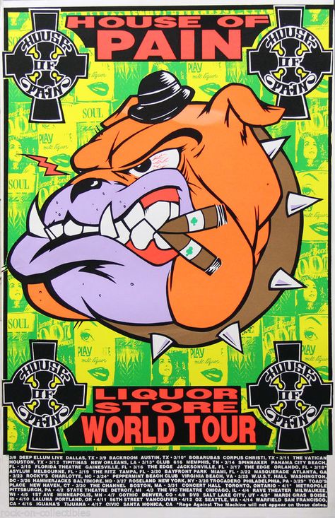 Frank Kozik 1993 House of Pain Liquor Store World Tour Silkscreen Poster Rare #PopArt #kozik Hip Hop Posters, House Of Pain, Frank Kozik, Hip Hop Poster, Sketch Tattoo Design, Concert Poster, Lowbrow Art, Tour Posters, Rock Posters