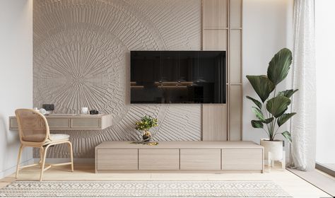 JAPANDI APARTMENT / ih3a / on Behance Japandi Tv Wall Design, Japandi Living Room Small Apartment, Japandi Style Tv Unit, Tv Room Japandi, Tv Wall Design Japandi, Livspace Bedroom, Japandi Tv Unit, Minimal Tv Unit Design, Japandi Small Apartment