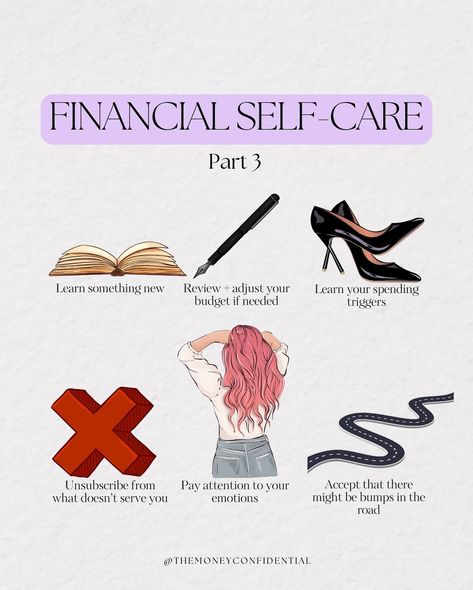 Financial self-care practices: Part 3 1️⃣ Learn something new Learn a new skill, even if it isn’t finance-related. This new skill could lead to something you could market and make money with! 2️⃣ Review + adjust your budget if needed If you are struggling to stick to your budget dig into the numbers. Is there an opportunity to cut some costs? Or would it be better to make adjustments to your budget to make it less restrictive + still help you reach your financial goals? 3️⃣ Learn you... Financial Self Care, Economics Lessons, Business Vision Board, Starting Small Business, Money Saving Methods, Life Advice Quotes Inspiration, Pampering Routine, Life Hacks Computer, Easy Money Online