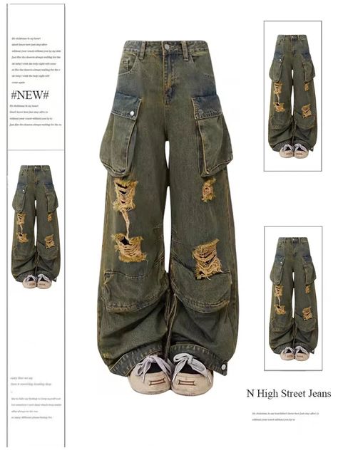 Baggy Jeans Design Ideas, Ripped Cargo Pants, Baggy Clothes Outfit, Y2k 90s Aesthetic, Cowboy Pants, Baggy Jeans Outfit, Emo 2000s, Streetwear Outfit Ideas, Creative Clothing