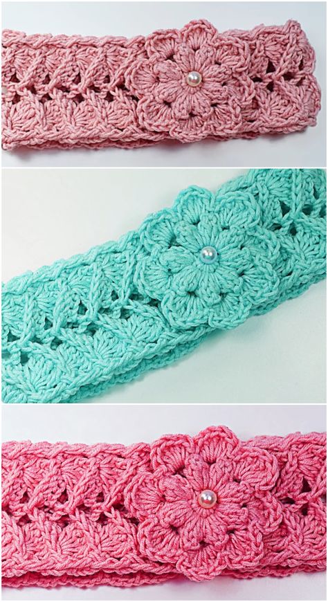 Crochet Fast And Easy Headband With Flower - Crochet Ideas Free Crochet Baby Headband Pattern, Free Crochet Patterns For Headbands, Crochet Flower Headband Pattern Free, Simple Crochet Flowers, Crochet Headbands Patterns, Easy Crochet Headband Pattern Free, Baby Crochet Headband, Crochet Headband Patterns, Crocheted Headbands