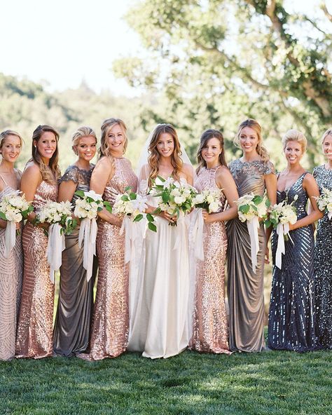 Nothing says "Let's celebrate!" quite like these shimmering accents. Let these 22 ideas being a little SPARKLE to your big day! #Sparkle #WeddingIdeas #Wedding #Details #WeddingDay #WeddingDecorations #Summer #Spring #Fall #Winter #WeddingInspiration | Martha Stewart Weddings - 22 Sparkling Wedding Ideas That'll Give Your Day a Glamorous Upgrade Metallic Bridesmaid Dresses, Photography Bridesmaids, Unique Bridesmaid Dresses, Sequin Bridesmaid, Mismatched Bridesmaids, Practical Wedding, Mismatched Bridesmaid Dresses, Wedding Winter, Have Inspiration