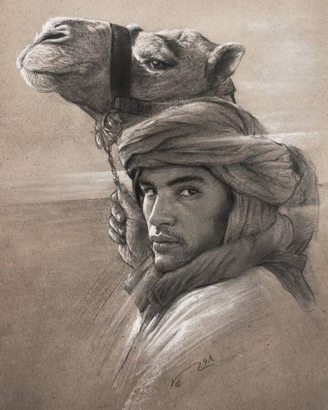 The camel and the owner by M S Neghabi‌ Chalk Portraits, Cool Animal Tattoos, Drawing Heart, Portrait Au Crayon, Camels Art, Animal Tattoo Ideas, Portraiture Painting, Pen Art Drawings, Portraiture Drawing