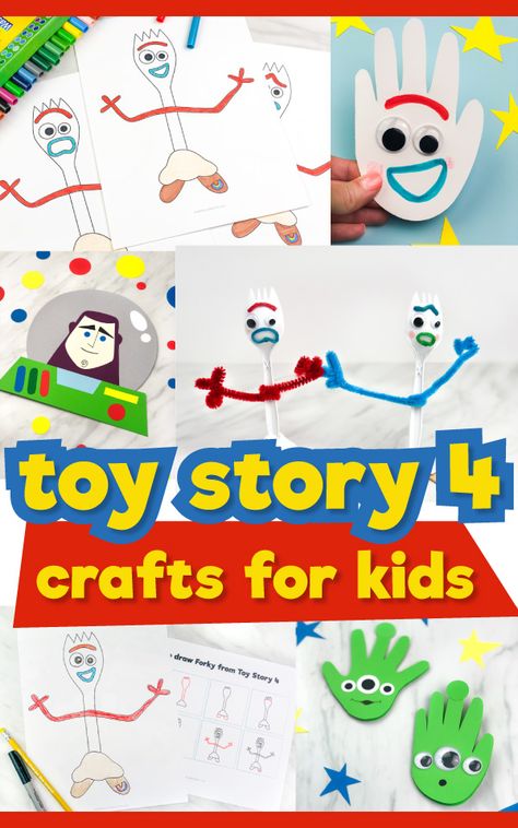 These Toy Story 4 crafts for kids are all easy, DIY activities Disney fans will love. Make your own Buzz Lightyear paper craft, alien handprint card, or learn how to make Forky! Most come with a free printable template and they all have video tutorials as well!    #simpleeverydaymom #toystory #toystory4 #toystory4crafts #forky #buzzlightyear #woody #disney #disneykids #kidscrafts #craftsforkids #preschool #ideasforkids #kidandparenting Toy Story Activities, Toy Story Crafts, Story Activities, Spring Crafts For Kids, Crafts Kids, Toy Story Party, Diy Activities, Disney Crafts, Themed Crafts