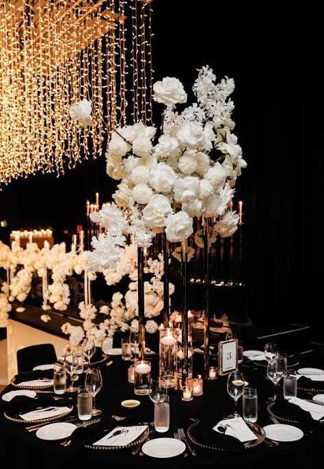 This Sydney Wedding At the Ivy Ballroom is Striking - Wedded Wonderland Chic Black Wedding Dress, Luxury Elegant Wedding Decor, Black And White Luxury Wedding Decor, Summer Glam Wedding, Dark Ballroom Wedding, Center Piece For Formal Event, Wedding In Ballroom, Black And White Ballroom Wedding, Black Gold White Wedding Decoration