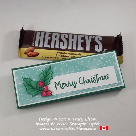 Hershey Bar Treat Holder, Rejoice And Create Tutorials, Stampin Up Candy Bar Holder, Christmas Treats Packaging, Box Papercraft, Treats Packaging, Treat Boxes Diy, Chocolate Hershey, Holly Images