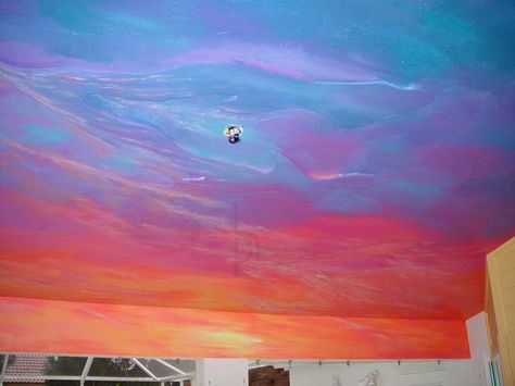 The ceiling mural I'll never manage to paint Sunset Painted Ceiling, Sunset Ceiling Paint, Sunset Painted Wall, Sunset Ceiling Mural, Ceiling Mural Ideas, Painted Ceiling Mural, Sunset Ceiling, Sunrise Mural, Sunset Bedroom