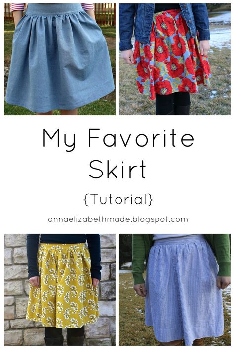 Anna Elizabeth Made: My Favorite Skirt {Tutorial}. This has elastic in back, front gathered as much as you like, draft to your size. Flat Front Elastic Back Skirt, Skirt Patterns Sewing Elastic Waist, How To Sew A Skirt With Elastic, Skirts Tutorial, Sewing Elastic Waistband Skirt, Circle Skirt Pattern Elastic Waist, 1 Yard Skirt Sewing Pattern, Diy Skirt Tutorial, Interfacing Fabric