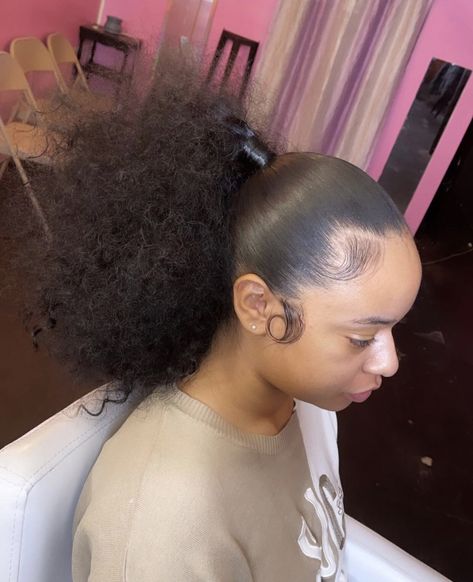 Middle Curly Ponytail Weave, Slick Ponytail Natural, Ponytail Hairstyles With Tracks, High Ponytail With Weave Curly, Fluffy Weave Ponytail, Puff Ponytail Hairstyles Black Women, High Top Curly Ponytail Weave, Natural High Ponytails For Black Hair, Curly Short Ponytail Black Women