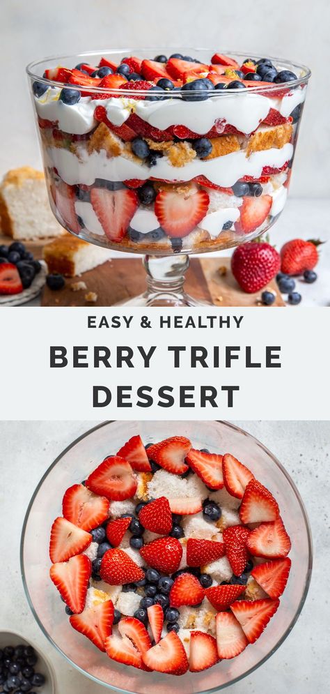 A healthy Berry Trifle dessert with layers of fresh berries, angel food cake and whipped topping. Easy to assemble in less than 30 minutes, and a dazzling make ahead dessert recipe for all your summer parties! Gluten free and dairy free friendly. #summertrifle #berrytrifle Healthy Birthday Desserts, Light Desserts Recipes Healthy, Easy Berry Trifle, Fruit Trifle Desserts, Healthy Trifle, Dairy Free Trifle, Quick Summer Desserts, Summer Trifle, Light Summer Desserts