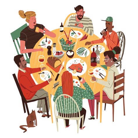 Illustration by Drew Bardana Friends Illustration, Art Friend, Drawings Of Friends, Family Illustration, Dinner With Friends, People Illustration, Kitchen Cooking, Editorial Illustration, Food Illustrations