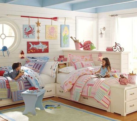 Love this wall decor & the corner concept~ 30 Kids Room Design Ideas with Functional Two Children Bedroom Decor~ great for the lakehouse Boy And Girl Shared Room, Boy And Girl Shared Bedroom, Design Ložnic, Kids Rooms Shared, Boys Shared Bedroom, Kids Shared Bedroom, Shared Girls Bedroom, Shared Kids Room, Boy Girl Bedroom