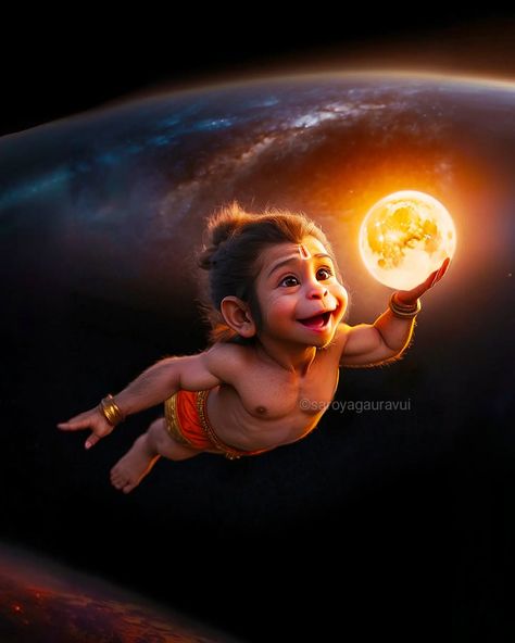 Lost in innocence and divine strength, young Hanuman mistook the sun for a ripe mango and soared high to devour it 🌞🕉️. A reminder of his boundless courage and devotion 🙏✨. #DivineChild #HanumanJayanti #SunEater #MythologyMagic #DevotionalArt #HanumanBhakti #InstaDevotion #SpiritualJourney #HinduMythology #AncientLegends #BlessedByHanuman" Collaboration and Mentions Instagram Collaboration: @_keshav.chaudhary1 Baby Neck Float, Hanuman Images Hd, Bal Hanuman, All God Images, Durga Mantra, Ripe Mango, Hanuman Ji Wallpapers, Galaxy Images, Hanuman Photos